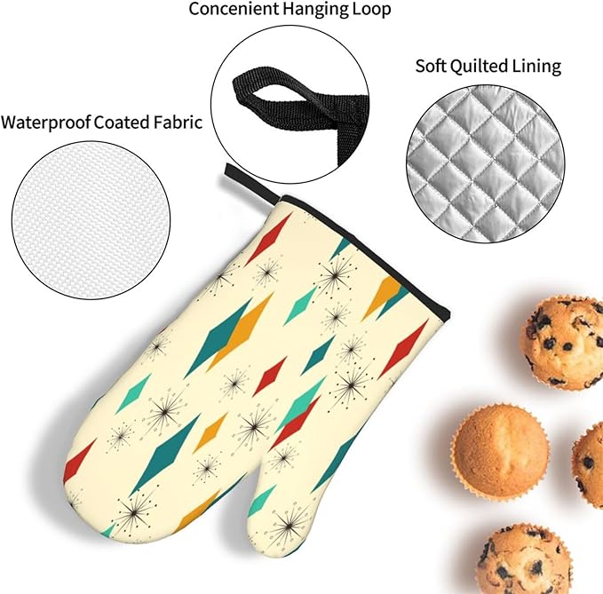 Mid Century Modern Oven Mitts and Pot Holders Set Heat Resistant Non Slip Set of 3 Retro Decor Kitchen Gloves Hot Pads for Cooking BBQ Baking Grilling - Image 5