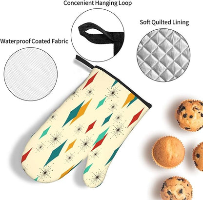 Mid Century Modern Oven Mitts and Pot Holders Set Heat Resistant Non Slip Set of 3 Retro Decor Kitchen Gloves Hot Pads for Cooking BBQ Baking Grilling - Image 5