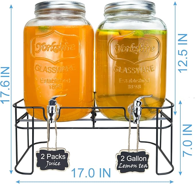 2 Gallon Larger Glass Drink Dispenser for Parties, 2 Packs Juice Lemonade Ice Tea Water Dispenser with Stand, HENABLE Beverage Dispensers with Spigot for BBQ, Picnic, Party - Image 3