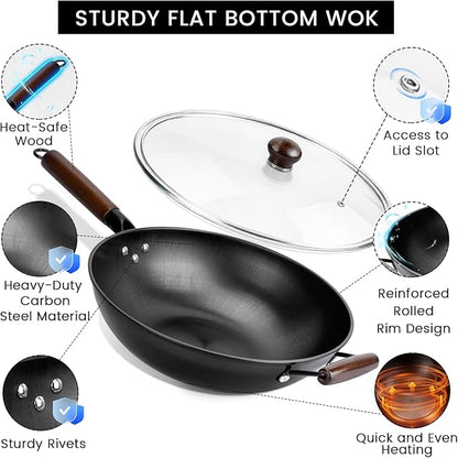 Carbon Steel Wok - 13" Woks & Stir-Fry Pans Nonstick, Wok with Lid, Fast Heat Conduction, Uniform Heat Conduction Flat Bottom Woks, Professional Chef Cookware - Image 3