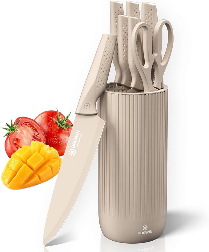 Knife Set, Brewin Kitchen Knife Set, Knives Set for Kitchen, Universal Knife Block, Utility Knife Block Set, New Home Essentials, Apartment Essentials, Dishwasher Safe by EnjoyEveryCutWithBrewin