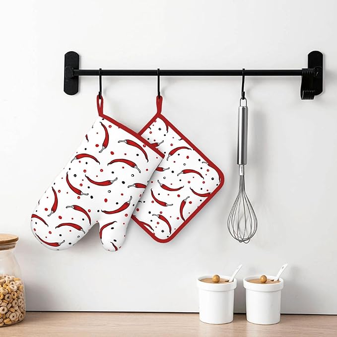 Pepper Silicone Oven Mitts Pan Mats Set of 2, Heat Resistant Gloves Potholder with Non-Slip Grips Hanging Loops Pot Holder, Spring Summer for Chef Cooking, Baking, Grilling, BBQ