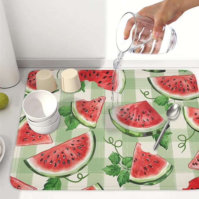 Summer Dish Drying Mat for Kitchen Counter Watercolor Watermelon Green Buffalo Plaid Microfiber Dish Drainer Mat Rustic Absorbent Washable Drying Pad Extra Large 18"x24"