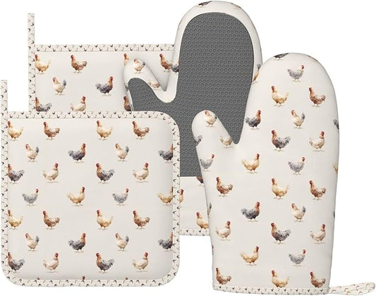 Oven Mitts and Pot Holders Set, Chicken Pattern Silicone Kitchen Accessories 4 Piece Heat Resistant Long Gloves Potholder Non-Slip Grip for Chef Cooking Baking Grilling BBQ