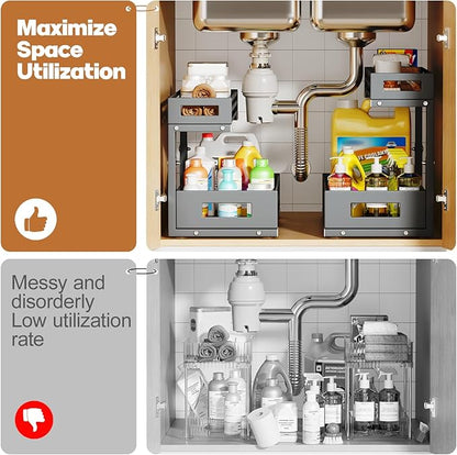 1-Pack Under Sink Organizers and Storage,2-Tier L Shape Pull Out Cabinet Organizer With Round Tube Slide Rails,Hight Adjustable Slide Out Drawers for Kitchen&Bathroom,Multi-Purpose Storage Shelf-Gray - Image 7