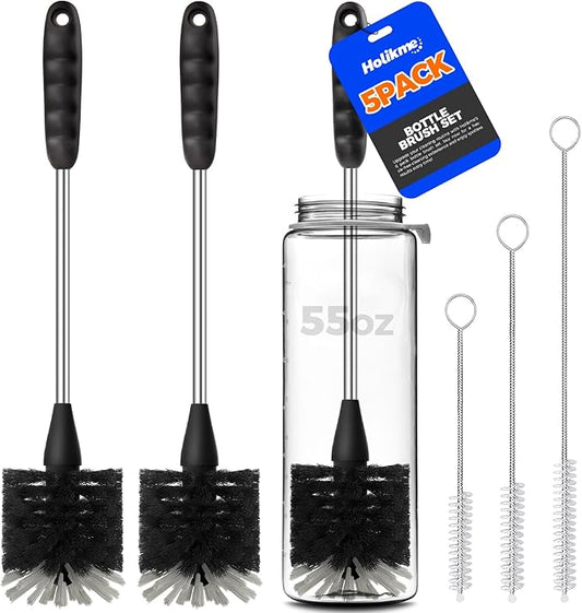 Holikme 5-Piece Bottle Brush Cleaner Set - 14" Stainless Steel Handle, 3 Straw Brushes, Cleans Water Bottles, Cups, Baby Bottles, Black & Grey by Holikme