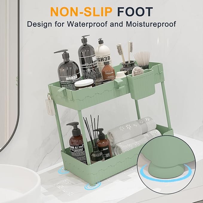 Sevenblue 2 Pack Under Sink Organizer, Under Bathroom Cabinet Organizer with Hooks Hanging Cup, Multi-Purpose Storage Shelf for Kitchen Bathroom (Green, 14.8 Inch) - Image 6