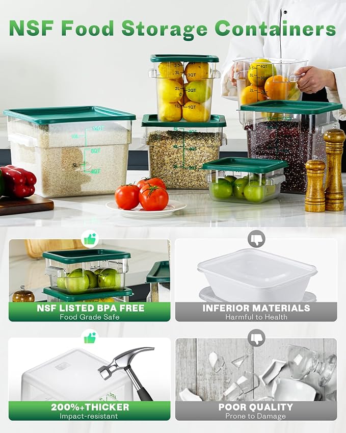 4QT NSF Food Storage Containers: 6 PCS [Food Grade][Hot&Cold Resistant] Commercial Clear Food Storage Containers with Lids for Restaurant Kitchen Proof Dough, Measuring Spoons Included(Green N) - Image 3