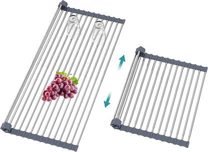 BBXTYLY Extra Large Expandable Roll Up Dish Drying Rack,Over The Sink Drying Rack Sink Cover Kitchen Sink Accessories Kitchen Rolling up Stainless Steel Drainer, Foldable,Rollable（Gray，25.1''-12.4''） by BBXTYLY