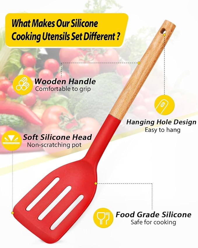Pack of 4 Silicone Cooking Utensils Set, Non Stick Solid Spatulas and Heat Resistant Slotted Spoons with Wooden Handle, Ideal Wood Kitchen Utensils Set for Frying,Serving,Turning,Stirring (RED) - Image 2