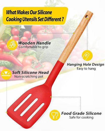 Pack of 4 Silicone Cooking Utensils Set, Non Stick Solid Spatulas and Heat Resistant Slotted Spoons with Wooden Handle, Ideal Wood Kitchen Utensils Set for Frying,Serving,Turning,Stirring (RED) - Image 2