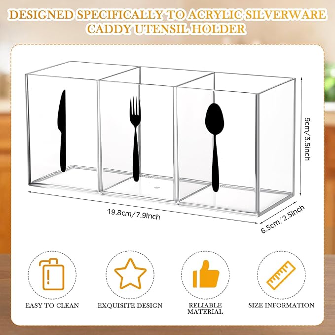 Suzile Acrylic Cutlery Storage Organizer Bin Silverware Caddy Countertop Knife Spoon and Fork Holder Kitchen 3 Section Tableware Storage Box for Cabinet Indoor Home Flatware Dining Room (Clear,M) - Image 2