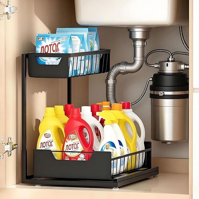 Ceetug Under Kitchen Sink Organizers and Storage Pull Out 2 Tier Metal Bathroom Cabinet Organizer (Black, 1 Pack) by ceetug