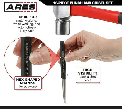 ARES 50005-16-Piece Punch and Chisel Set - Tapered, Pin, Center Punches & Cold Chisels for Various Applications