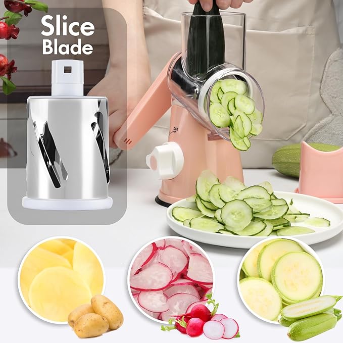 Rotary Cheese Grater with Handle, Round Mandoline Speed Kitchen Slicer, 3 in 1 Multifunctional Vegetable Shredder Manual Nut Grinder for Nuts, Potato, Carrot, Cucumber (Pink) - Image 4