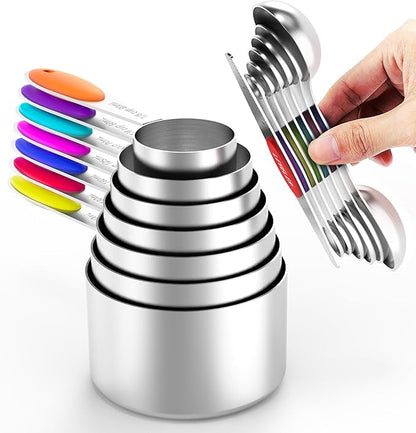Magnetic Measuring Spoons Set and Measuring Cups Heavy Duty Stainless Steel Fits in Spice Jars for Baking & Cooking (14) by TILUCKBringsGoodLuck