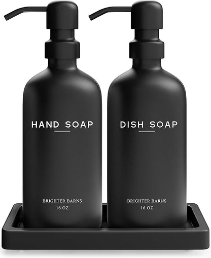 Black Glass Hand and Dish Soap Dispenser Set by Brighter Barns - Kitchen Soap Dispenser Set with Tray for Home, Airbnb, Vacation Rental, Gift - Minimalist Home Decor, Modern Kitchen Decor (Black) by BrighterBarns