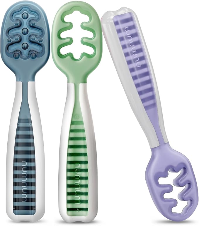 NumNum Baby Spoons Set, Baby Essentials Pre-Spoon GOOtensils for 6+ Months, First Stage Self-Feeding Spoons for Baby Led Weaning (BLW), Silicone Toddler Utensils, BPA-Free, 3 Pack Nature Friends by NumNum