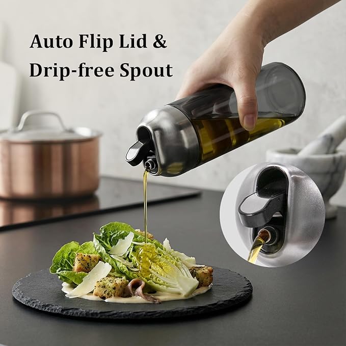 Aelga Olive Oil Dispenser Bottle for Kitchen, 2-Pack 14oz Dark Glass Oil and Vinegar Dispenser Set, Auto Flip Lid, UV-Protected Cooking Oil Cruet with Drip-Free Pour Spout - Image 3