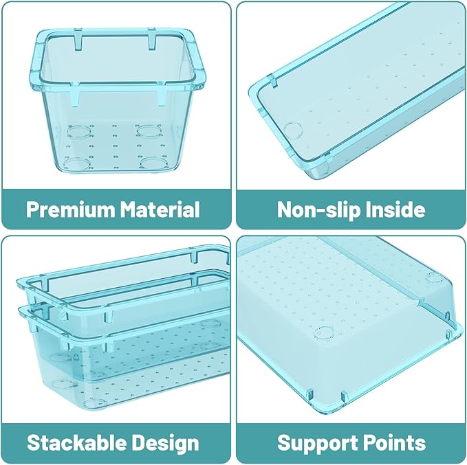 WOWBOX 16 PCS Plastic Drawer Organizer Set, 4 Sizes Desk Drawer Organization and Storage Containers for Makeup, Cosmetics, Jewelry and Gadgets in Kitchen, Bathroom, Bedroom, Office, Clear Sea Blue - Image 2