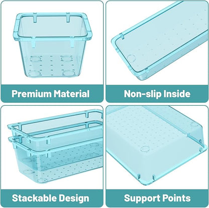 WOWBOX 16 PCS Plastic Drawer Organizer Set, 4 Sizes Desk Drawer Organization and Storage Containers for Makeup, Cosmetics, Jewelry and Gadgets in Kitchen, Bathroom, Bedroom, Office, Clear Sea Blue - Image 2