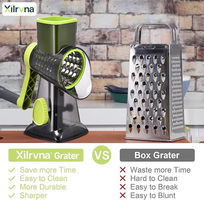 Rotary Cheese Grater with Handle Kitchen Shredder Slicer Grater Slicer Ice Shaver Cheese Vegetable Nuts Potato Zucchini Chocolate 3 Interchangeable Blades (Green TSP) - Image 2