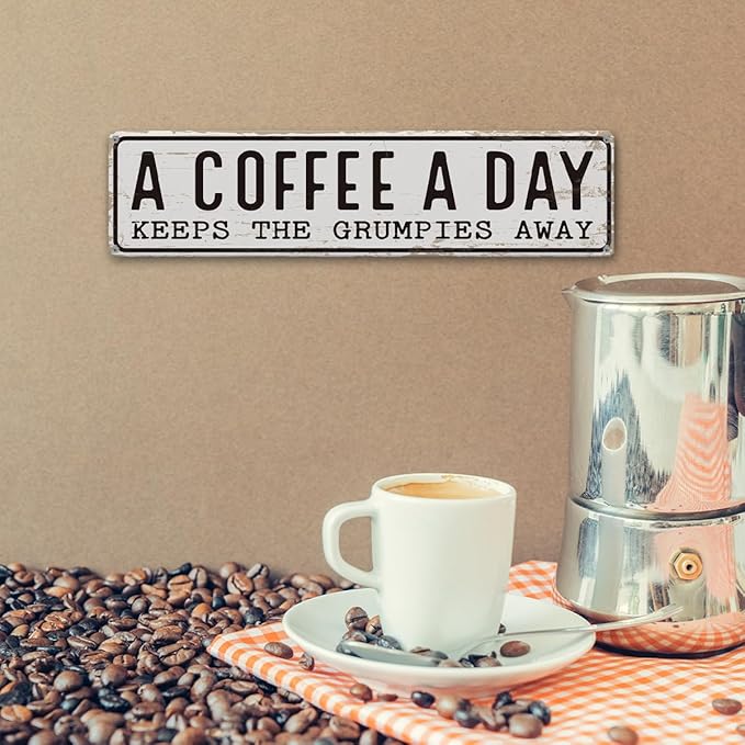 Coffee Signs Decor, A Coffee A Day Keeps the Grum Pies Away Sign, Farmhouse Wall Decor for Home, Vintage Bar or Dorm, Retro Metal Tin Sign, Decorative Metal Wall Signs 15.8x4 Inches - Image 6