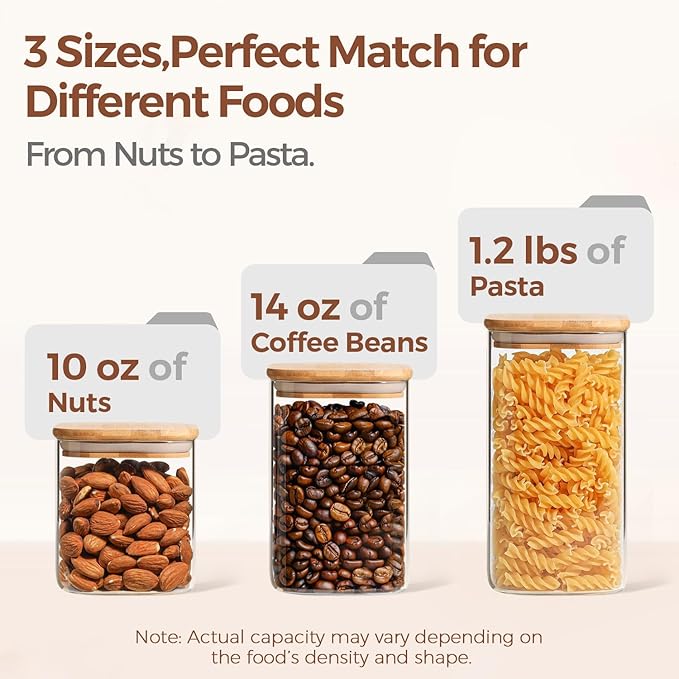 ComSaf Airtight Glass Storage Canister with Lids (0.7Qt/1.2Qt/1.6Qt) Set of 6, Food Storage Container Kitchen Pantry Storage Jar, Glass Jars for Flour Cereal Sugar Tea Coffee Beans Snacks, Square - Image 3