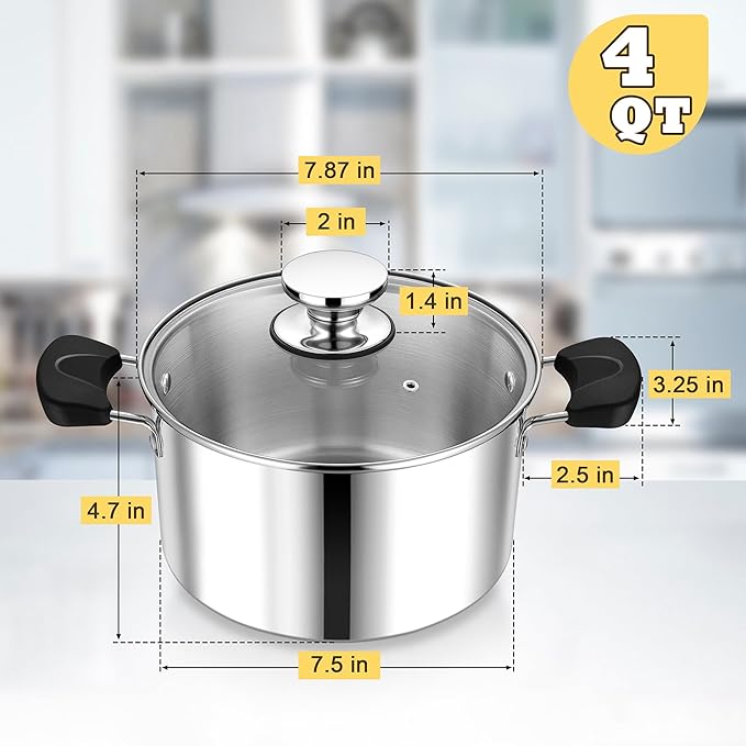 4 Quart 3-Ply Cooking Stock Pot with Lid, P&P CHEF Stainless Steel Large Pot for Pasta Soup, Work on Multi Stove, Heavy Duty & Dishwasher Safe, Dual Heat-resistant Handles & Transparent Glass Lid - Image 2