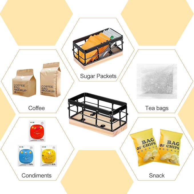 Blulu Sugar Packet Basket Iron Sugar Organizer with Wooden Base Small Caddy Iron Organizer Coffee Creamer Holder Tea Bag Caddy Holder for Coffee Bar Kitchen Home(2 Sets)