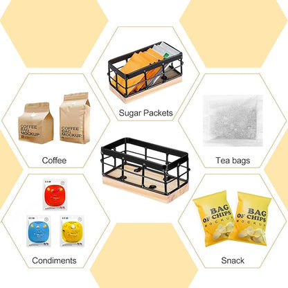 Blulu Sugar Packet Basket Iron Sugar Organizer with Wooden Base Small Caddy Iron Organizer Coffee Creamer Holder Tea Bag Caddy Holder for Coffee Bar Kitchen Home(2 Sets)