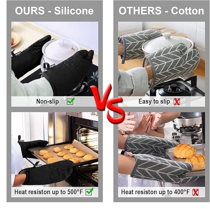 KEGOUU Oven Mitts and Pot Holders 6pcs Set, Kitchen Oven Glove High Heat Resistant 500 Degree Extra Long Oven Mitts and Potholder with Non-Slip Silicone Surface for Cooking (Black) - Image 5