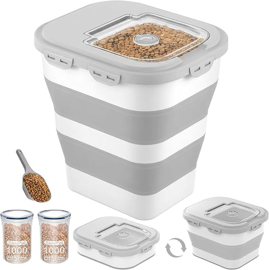 40 Lbs Dog Food Storage Container with Wheels, Collapsible Pet Food Storage Container with Clear Window, 2 Measuring Cups and Scoop, BPA Free Cat Food Container for Rice, Flour, Grain, Bird Seed