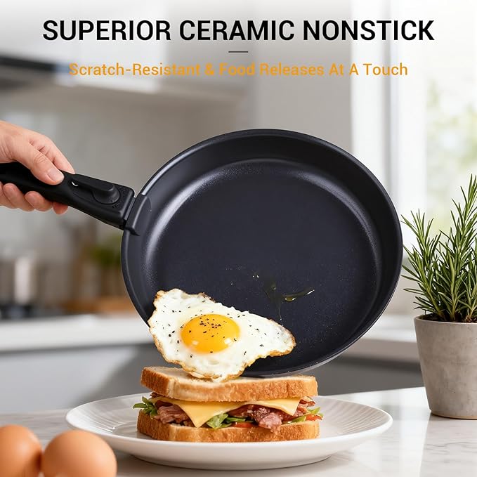 Ammeloo 21 Pcs Pots and Pans Set Non Stick with Detachable Handle & Grill Pan, Induction Ceramic Cookware Set, Non Toxic Kitchen Pots and Pans Set for RVs,Camping, Oven/Dishwasher Safe, Black - Image 3