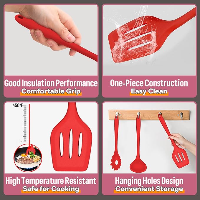 Silicone Cooking Utensils Set, E-far 7-Piece Red Heat Resistant Kitchen Utensils Set, Kitchen Nonstick Tools Spatula Ladle Spoon Pasta Server for Non-stick Cookware, Non-Toxic & Dishwasher safe - Image 3