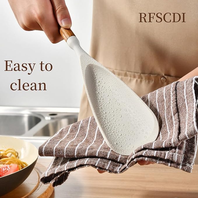 White Silicone Cooking Utensils Set, Kitchen Utensils Set 7 Pcs for cooking, Non-Toxic Spatula Set with Heat Resistant Wood Handles for Nonstick Cookware, (Cream White) - Image 7