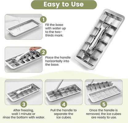 Stainless Steel Ice Cube Trays with lever and Stand for Freezer - Large Metal Ice Mold with Silicone Lid, Non-Toxic Whiskey Ice Cubes Tray, Easy Release Reusable Kitchen Essential (Set of 2)