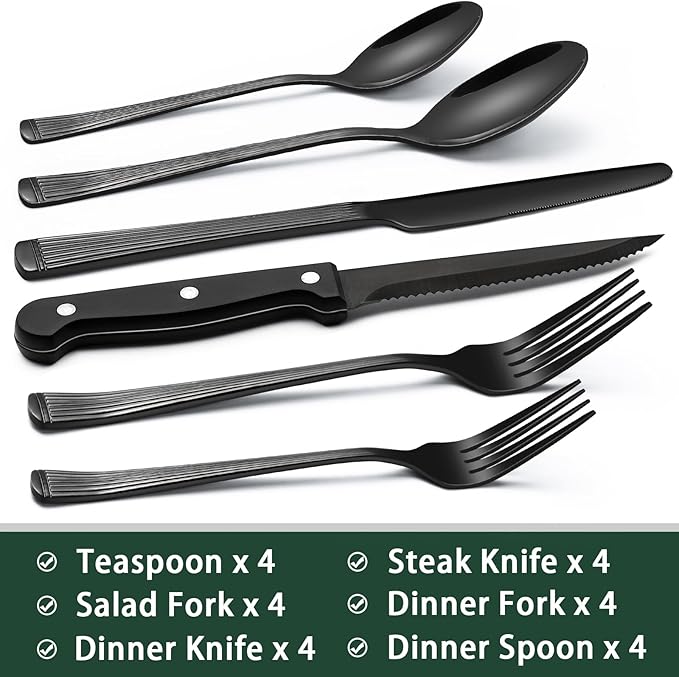 EWFEN 24-Piece Black Silverware Set with Steak Knives, Black Flatware Set for 4, Food-Grade Stainless Steel Tableware Cutlery Set, Mirror Finished Utensil Sets for Home Restaurant, Roman Column - Image 2