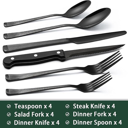EWFEN 24-Piece Black Silverware Set with Steak Knives, Black Flatware Set for 4, Food-Grade Stainless Steel Tableware Cutlery Set, Mirror Finished Utensil Sets for Home Restaurant, Roman Column - Image 2