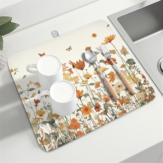 Fall Floral Dish Drying Mat for Kitchen Counter Orange Rustic Vintage Wildflower Pattern Microfiber Dish Drainer Mat Autumn Absorbent Washable Drying Pad Extra Large 16"x18"