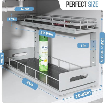 Under Sink Organizer Upgrade To Professional Rails,2-Tier Dual Pull Out Cabinet Storage,Height Adjustable Slide Out Drawers For Bathroom Kitchen,1 Pack-21"Dx12.8"-16.9"H,Gun Gray - Image 2