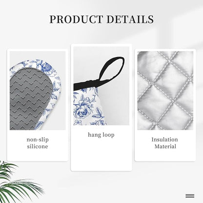 Floral Oven Mitts and Pot Holders Sets of 3, Blue Floral Silicone Oven Mitts Birthday for Flower Lover Kitchen Decor, Botanical Print Heat Resistant Non-Slip Oven Gloves for Mom Wife Sister BFF