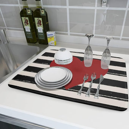 Valentine's Day Dish Drying Mat for Kitchen Counter Black Plaid Heart Microfiber Absorbent Dish Draining Reusable Washable Foldable Extra Large 18"x24" - Image 6