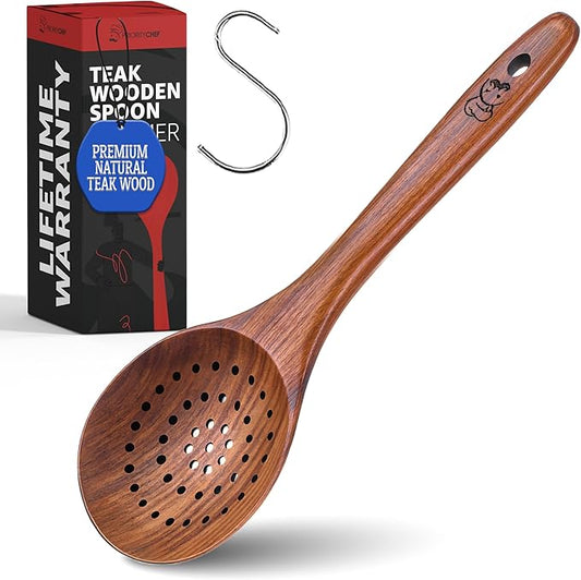 PriorityChef Wooden Slotted Spoon - Premium Teak Cooking Utensil for Frying, Straining & Serving - Long Handle Kitchen Spoon for Nonstick Cookware - Handcrafted Durable Wood