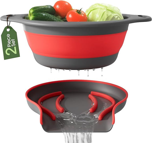 Gevoli Strainer with Self-Draining Base (5QT) Over-Sink Collapsible Kitchen Colander Set with Side-drain Base for Pasta Vegetables and Fruit, XL Large Capacity, Dishwasher Safe (5-Quart) Red/Gray by Gevoli