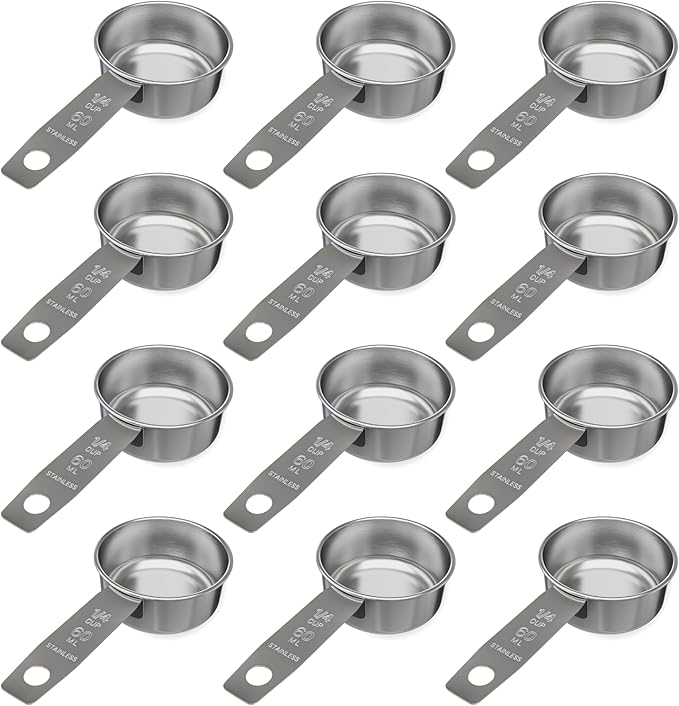 1/4 Cup Stainless Steel Measuring Cup | Sturdy Metal 60 ml | 60 cc | 2 oz | Single Cup for Wet and Dry Ingredients | Great for use as 1/4 Cup Dog Food Scoop - 12 PK by Knupp+Co.