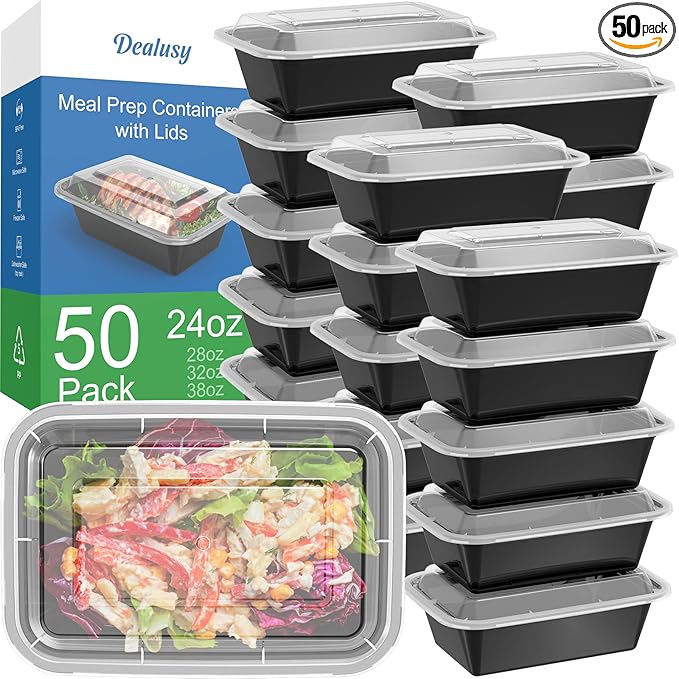 Dealusy 50 Pack (100-Piece) 24 oz Meal Prep Containers Reusable with Lids, Sturdy Leakproof & Food Safe, Microwave, Freezer, Dishwasher Safe Prep Containers, To Go Take Out Plastic Food Storage by Dealusy
