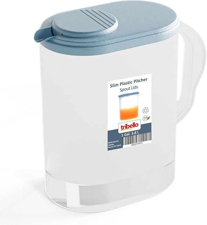 Tribello Pitcher with Lid 1 Gallon, Slim Clear Plastic Water Pitcher with Pivot-top Spout Lids, Iced Tea Pitcher for Fridge, Freezer/Dishwasher Safe, and BPA/Phthalate Free by Tribello