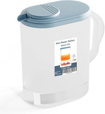 Tribello Pitcher with Lid 1 Gallon, Slim Clear Plastic Water Pitcher with Pivot-top Spout Lids, Iced Tea Pitcher for Fridge, Freezer/Dishwasher Safe, and BPA/Phthalate Free by Tribello