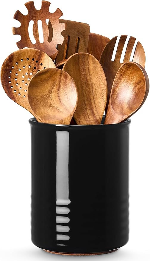 ABRUTY Utensil Holder, 6.7" Ceramic Kitchen Utensil Crock for Countertop Cooking, Modern Utensil Caddy Jar Organizer for Farmhouse Kitchen Counter Decor (Black) by ABRUTY
